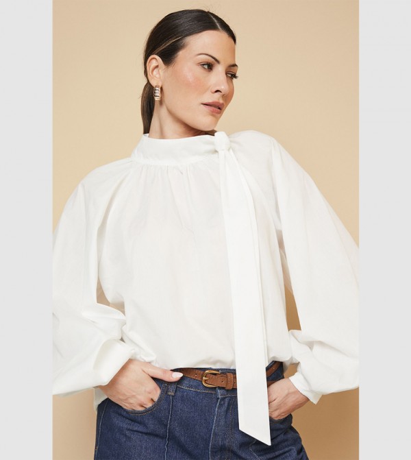 Solid Tie Neck Balloon Sleeves Top