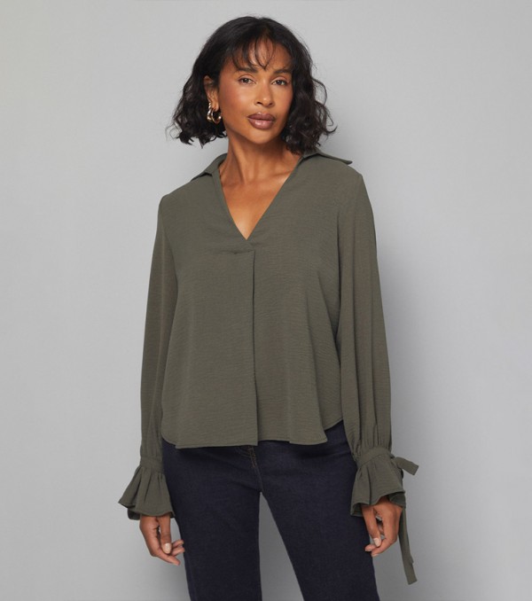 Solid Tie Cuff Collared Top