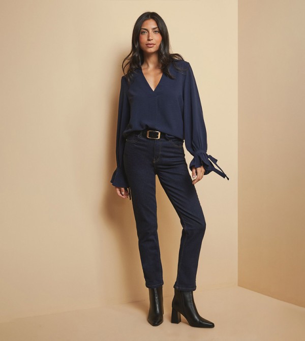 Solid Tie Cuff V-Neck Shirt