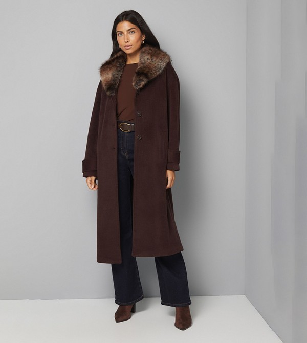 Faux Fur Collar Tab Cuff Coat