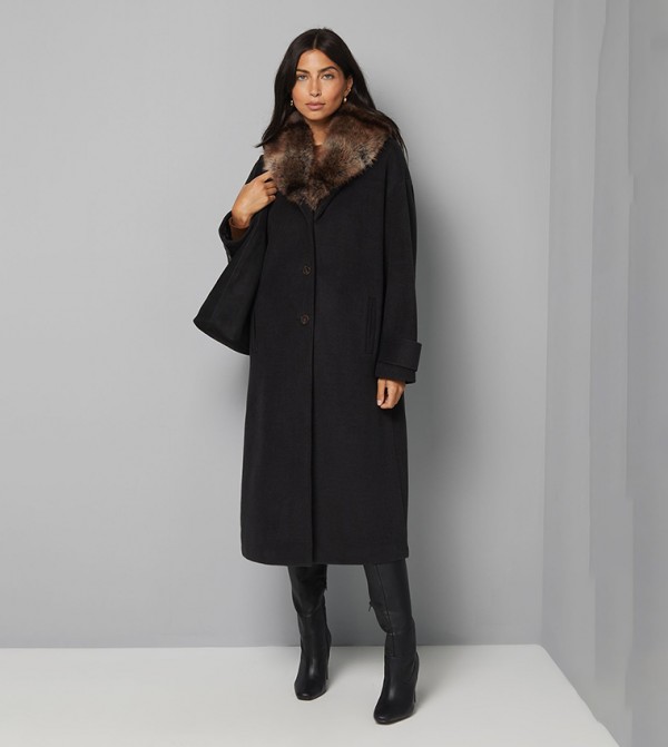 Faux Fur Collar Tab Cuff Coat