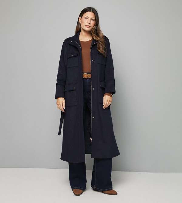 Button Down Military Belted Collar Coat
