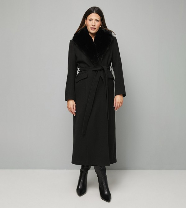 Faux Fur Collar Tie Belt Coat