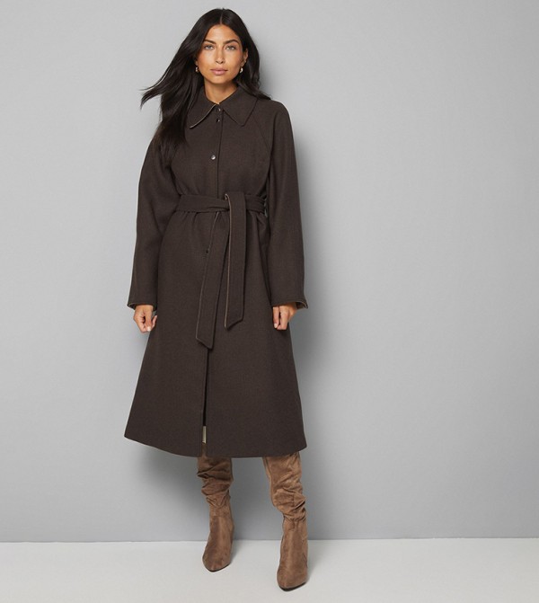 Wool Blend Belted Long Sleeves Coat