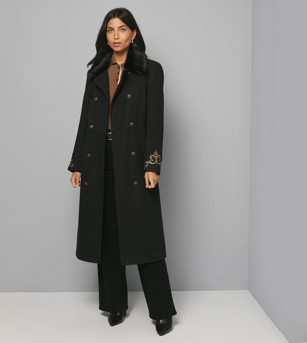 Embroidered Faux Fur Collar Cuff Military Coat