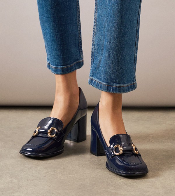 Faux Patent Leather Snaffle Detail Block Heel Pumps