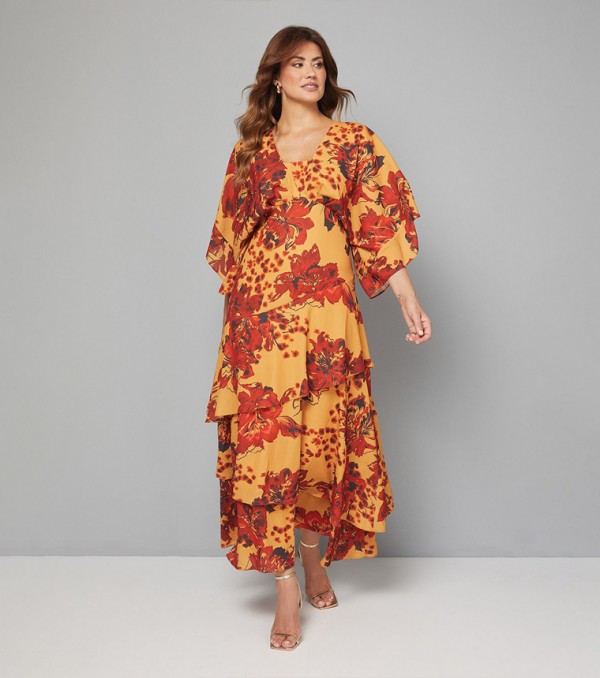 Floral Printed Kimono Sleeves Layered Maxi Dress
