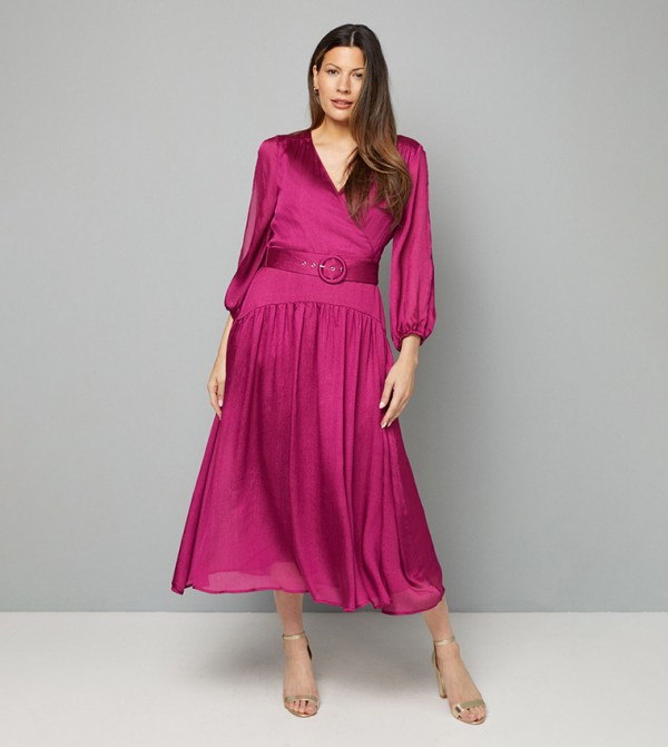 Woven Shimmer Belted Wrap Midi Dress