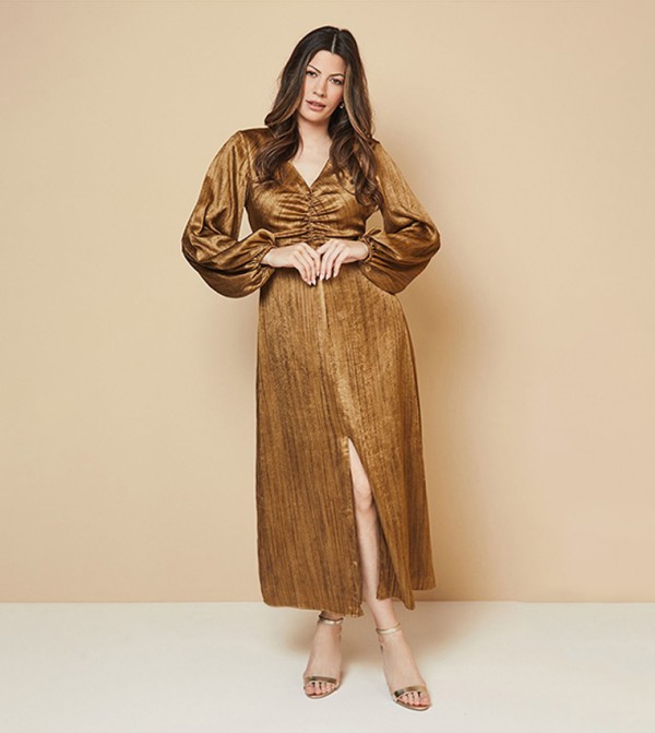 Shimmer Satin Ruched Midi Dress