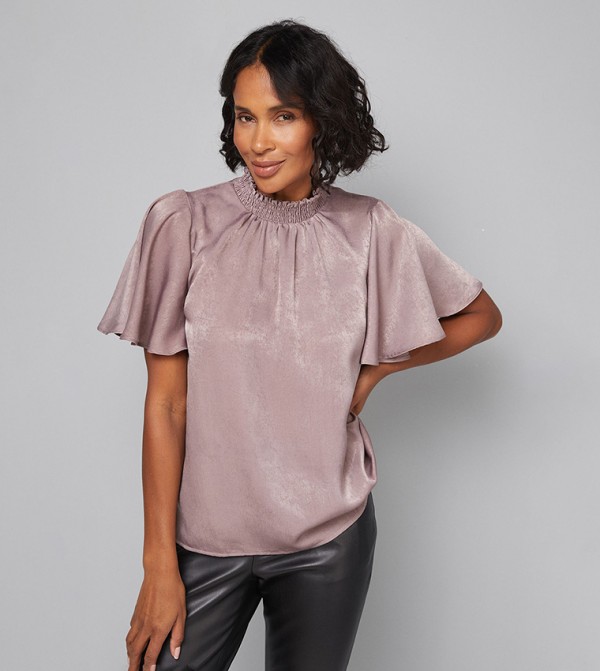 Hammered Satin Shirred Neck Top