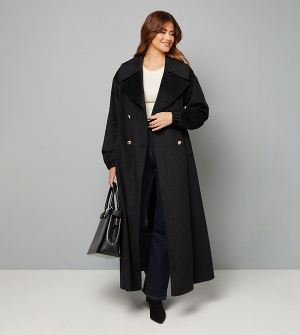 Elastic Cuff Collar Detail Maxi Coat