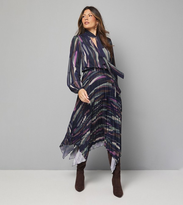 Stripe Tie Neck Pleated Midi Dress