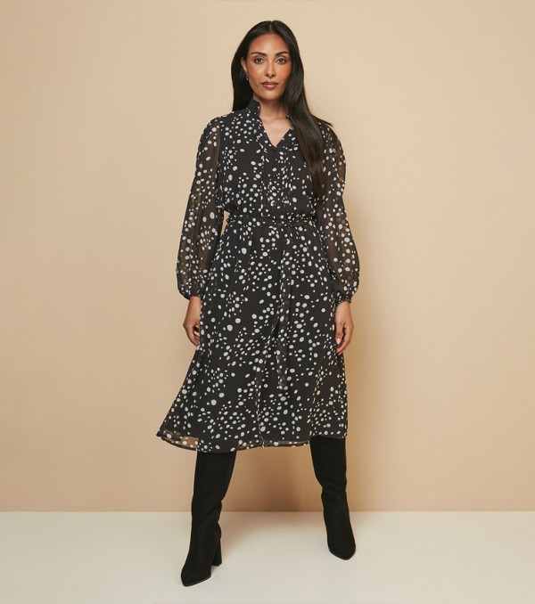 Petite Polka Dots Belted Midi Dress
