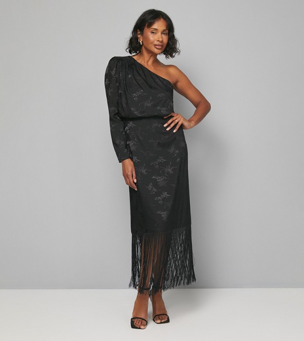 فستان شيفون بكم واحد وتطريز جاكار