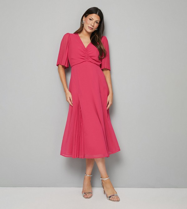 Pleat Insert V-Neck Midaxi Dress