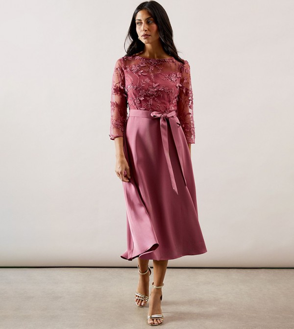 Satin and Mesh Overlay Fit and Flare Dress