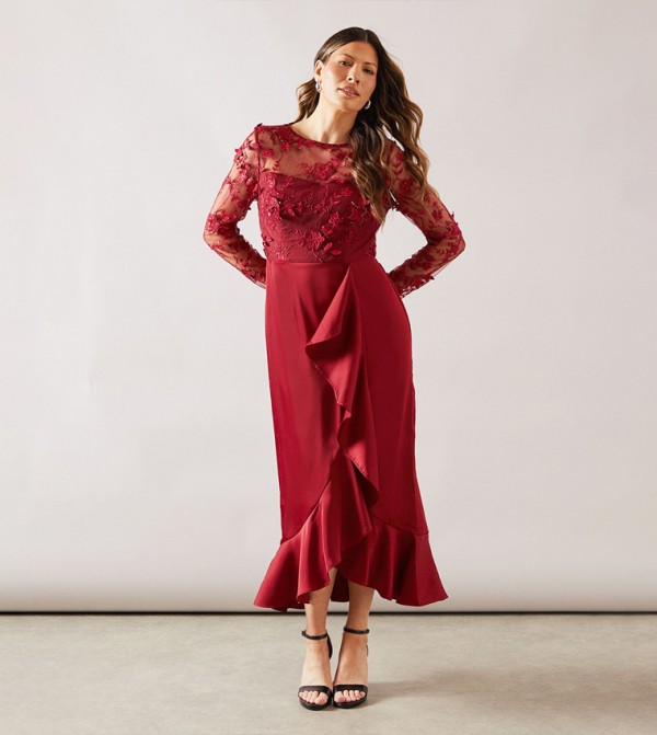 Satin & Mesh Overlay Ruffle Occasion Maxi Dress