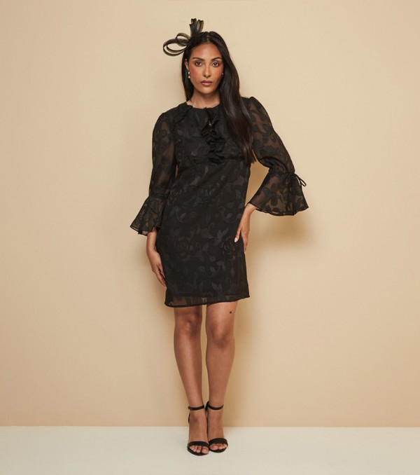 Petite Floral Jacquard Flounce Sleeves Shift Dress