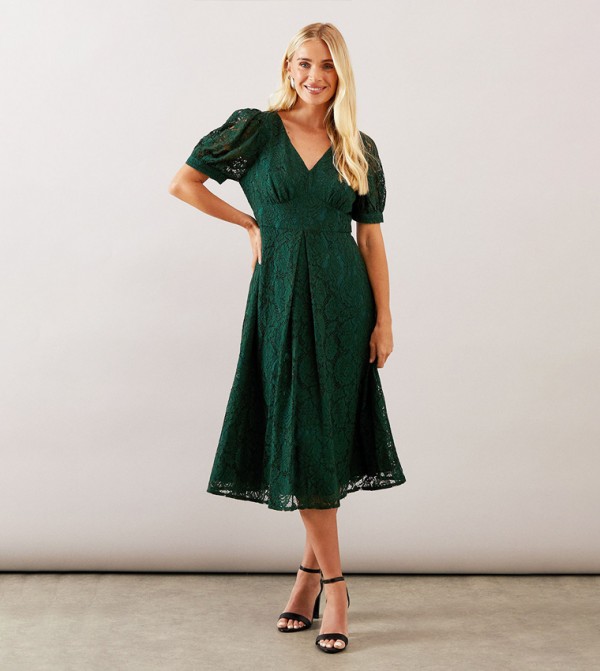 Petite Lace V-Neck Tea Midi Dress