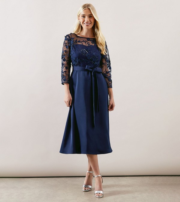 Petite Satin and Mesh Overlay Fit and Flare Dress