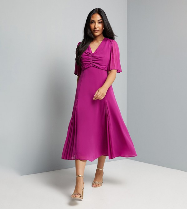 Petite Ruched V-Neck Midi Dress
