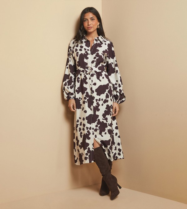 Cow Print D Ring Midi Shirt Dress