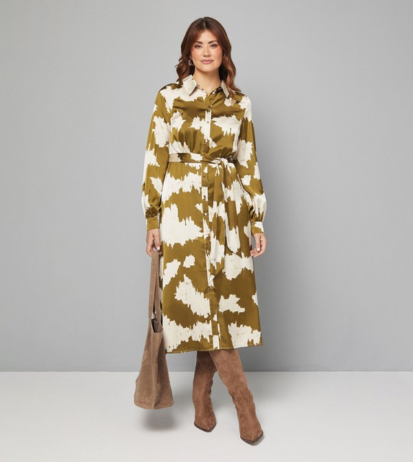 Abstract Satin Shirt Dress