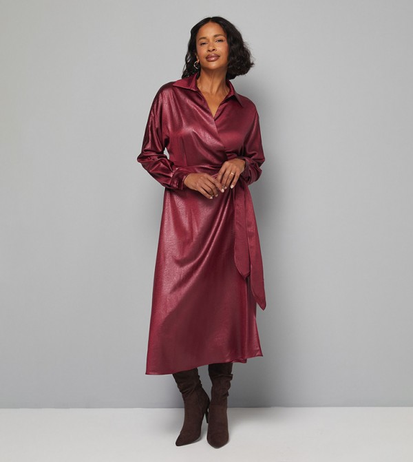 Textured Satin Wrap Midi Dress