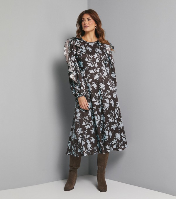 Floral Patterned Long Sleeves Satin Midi Dress