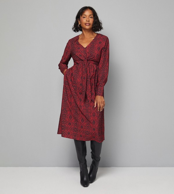 Snakeskin Printed Viscose Tie Front Midi Dress