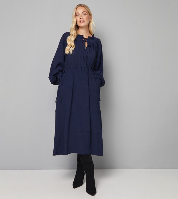 Petite Woven Ruffle Collar Midi Dress