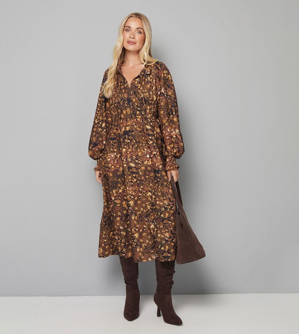 Petite Snake Print Woven Ruffle Collar Midi Dress