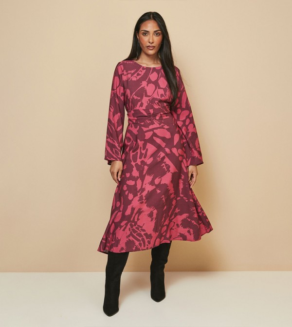 Petite Floral Print Flute Sleeves Tie Midi Dress