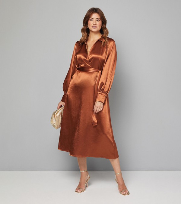 Tie Waist Collared Satin Midi Dress