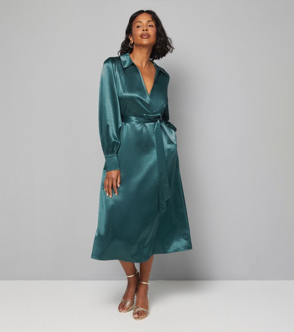 Tie Waist Collared Satin Midi Dress