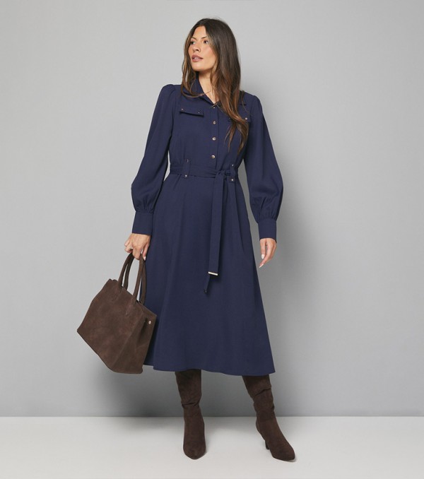 Belted Pocket Detail Midi Dress