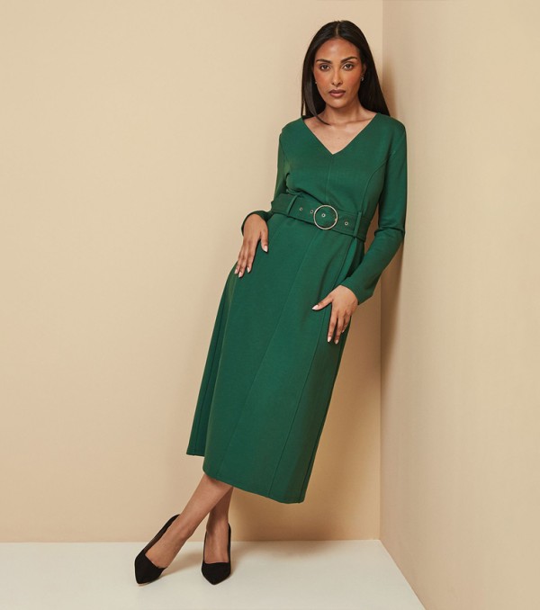 Petite Ponte Jersey Belted Midi Dress