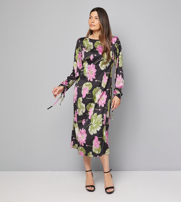 Floral Printed Ruched Sleeves Midi Dress
