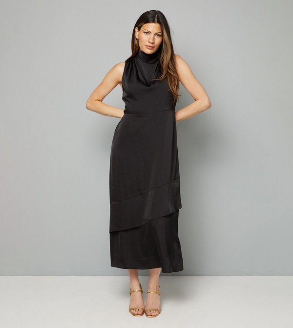 Satin Asymmetric Pleat Detail Midi Dress