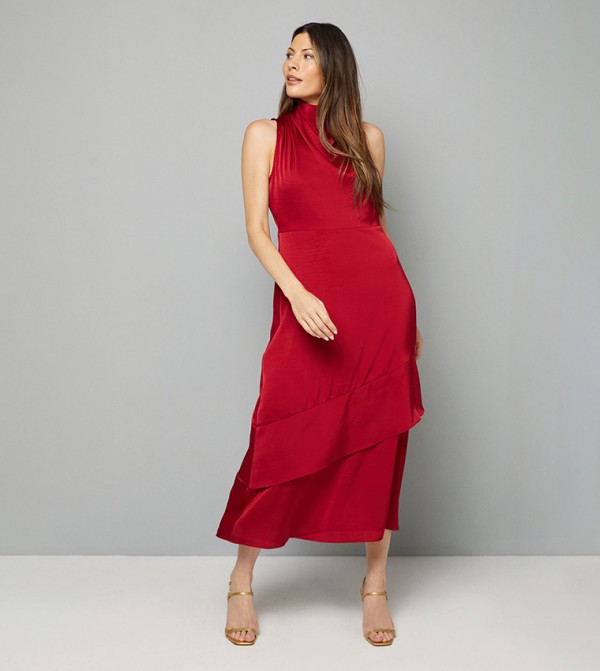 Satin Asymmetric Pleat Detail Midi Dress
