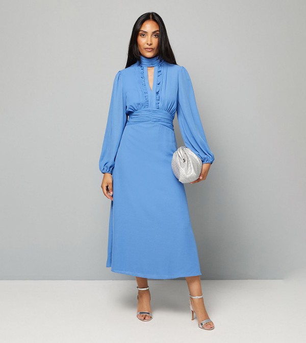 Petite Keyhole Ruffle Detail Midi Dress