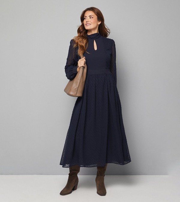Dobby Tie Neck Detail Midaxi Dress
