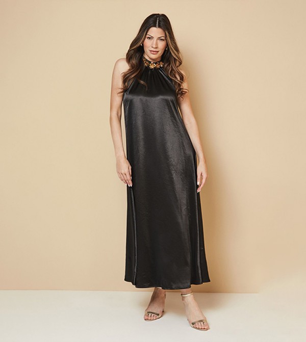 Satin Embellished Floral Neck Trim Halter Dress