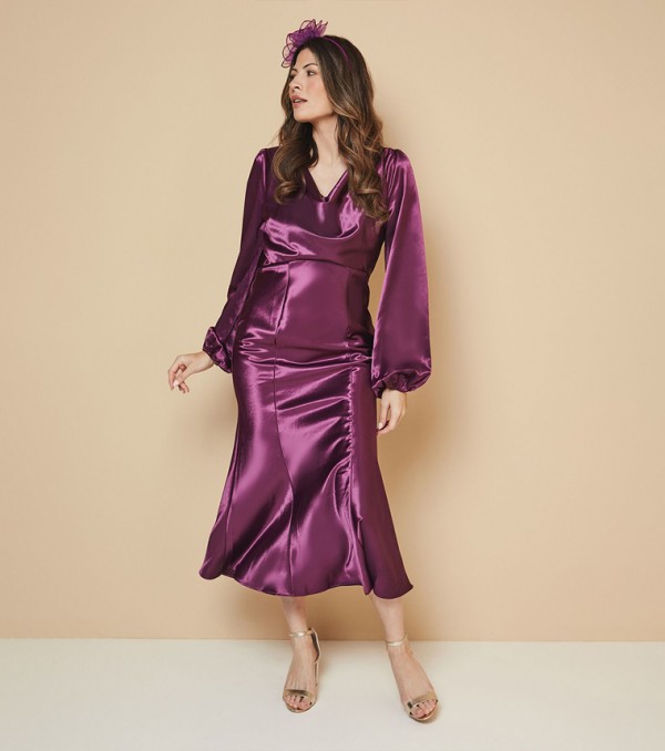 Satin Cowl Neck Midi Dress