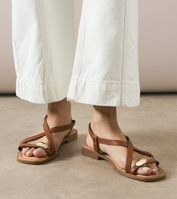 Angela Faux Leather Metal Trim Detail Cross Strap Flat Sandals