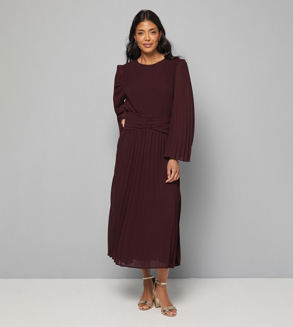 Pleated Flare Sleeves Waist Detail Midi Dress