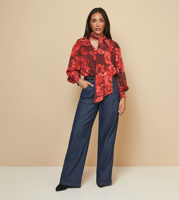 Petite Floral Print Tie Neck Top