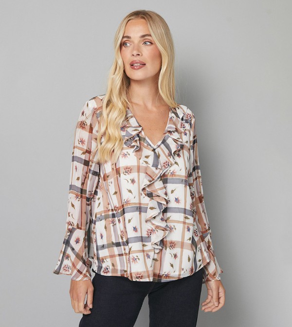 Petite Check Floral Printed Ruffle Detail Top