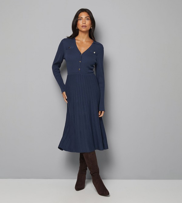 Ribbed V-Neck Knit Midi Dress