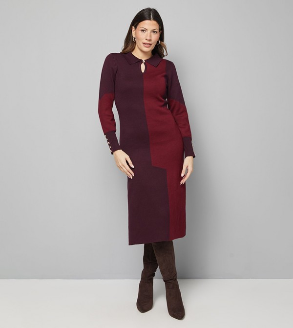 Color Block Keyhole Neck Knit Midi Dress